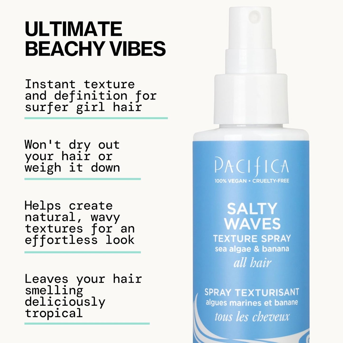 Pacifica Beauty, Salty Waves Texture Sea Salt Spray for Hair, Beachy Waves, Wavy Hair Products, Hydrating, Banana Scent, Curl Enhancing, Paraben Free, Sulfate Free, Vegan & Cruelty Free