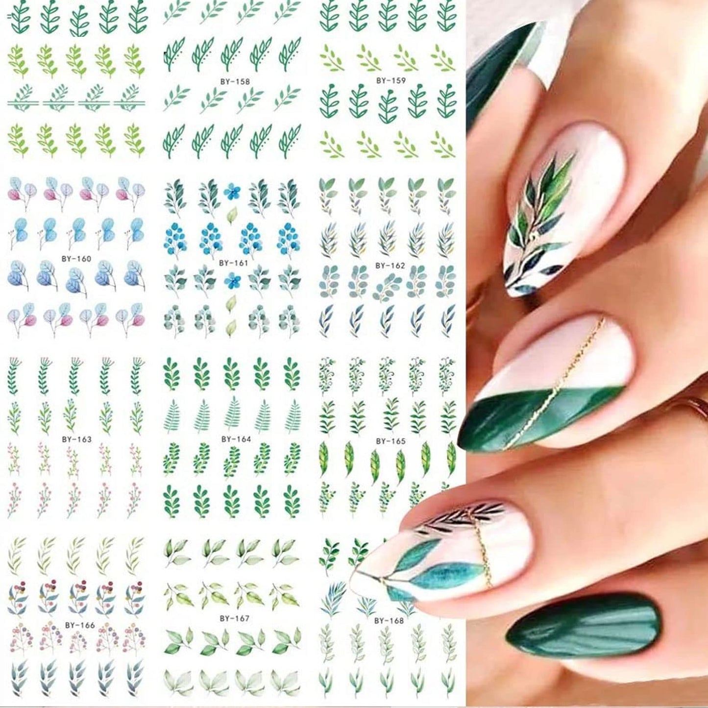 Summer Nail Art Sticker Water Transfer Decal Green Blue Floral Flower Design for Acrylic Nails - Manicure Supplies 12 Sheets (Green)