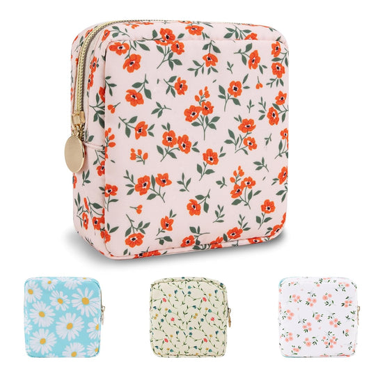 Waterproof Mini Floral Makeup Bag Pouch for Purse,Nylon Flower Cosmetic Travel Bag Small Preppy Toiletry Organizers Bag for Women Girl,Cute Zipper Pouch Coin Purse for Work(Mini Pink-Flowers)