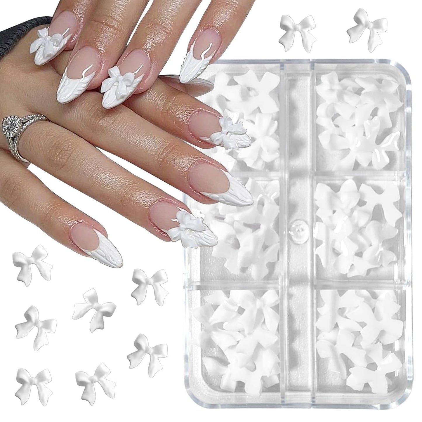 Nail Charms & Pearls - Bow-Knot Nail Accessories in Silver & White, Half Round Beads, Luxurious Design - DIY Crafts