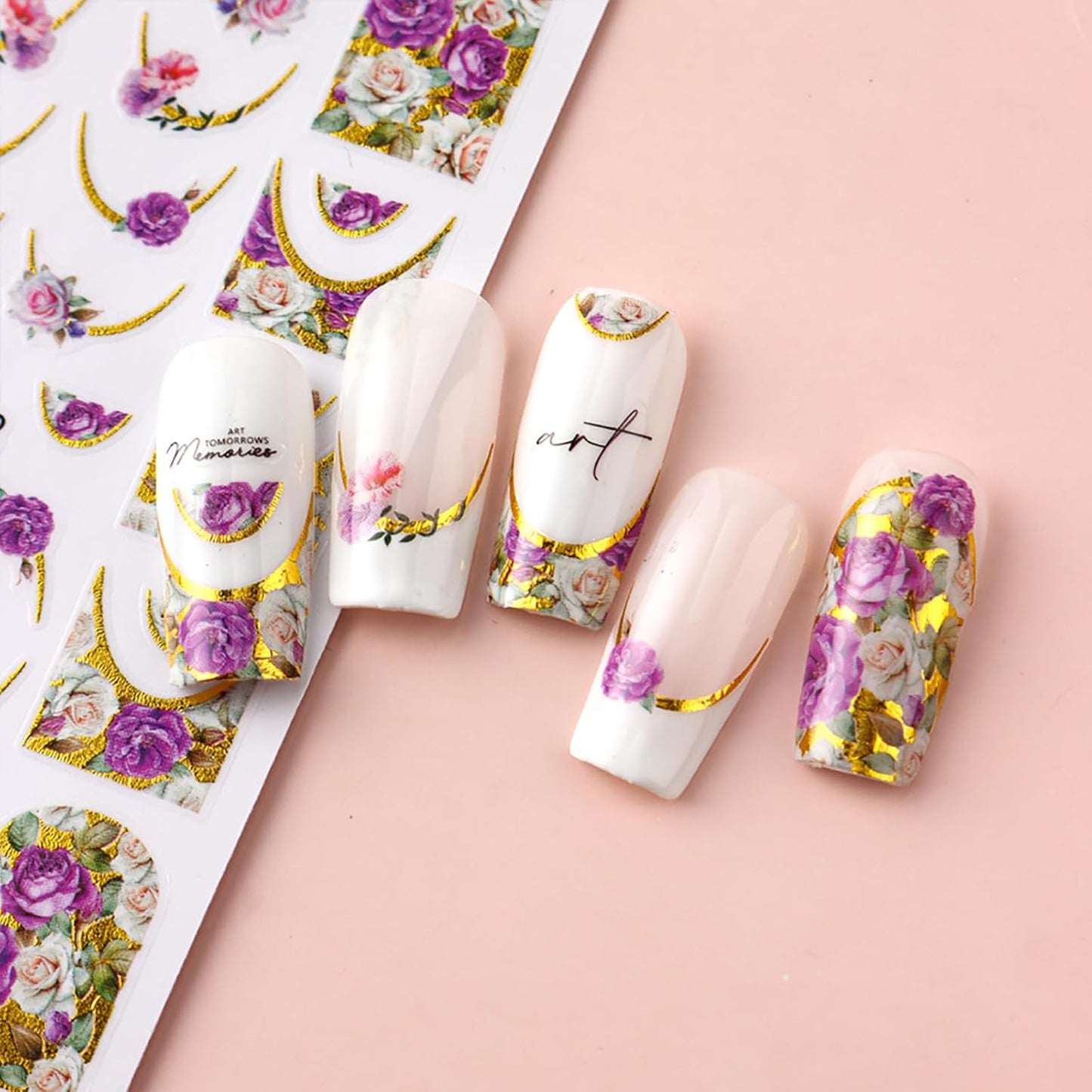 Flower Nail Art Stickers Women Spring Summer Embossed Floral Leaves Holographic Manicure Decals Self Adhesive DIY Decorations Supplies 5 Sheets