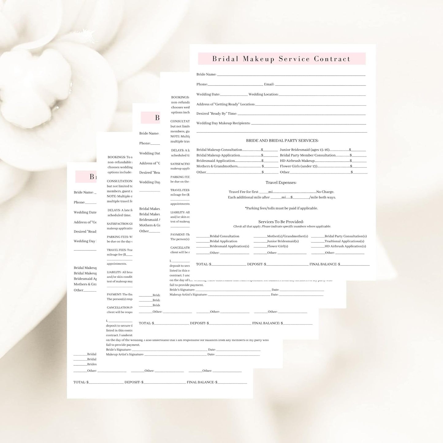 Bridal Makeup Service Contract | 100 Pack | 8.5 x 11" A1 Forms | Makeup Artist Supplies | Bridal Contract | White and Pink Forms
