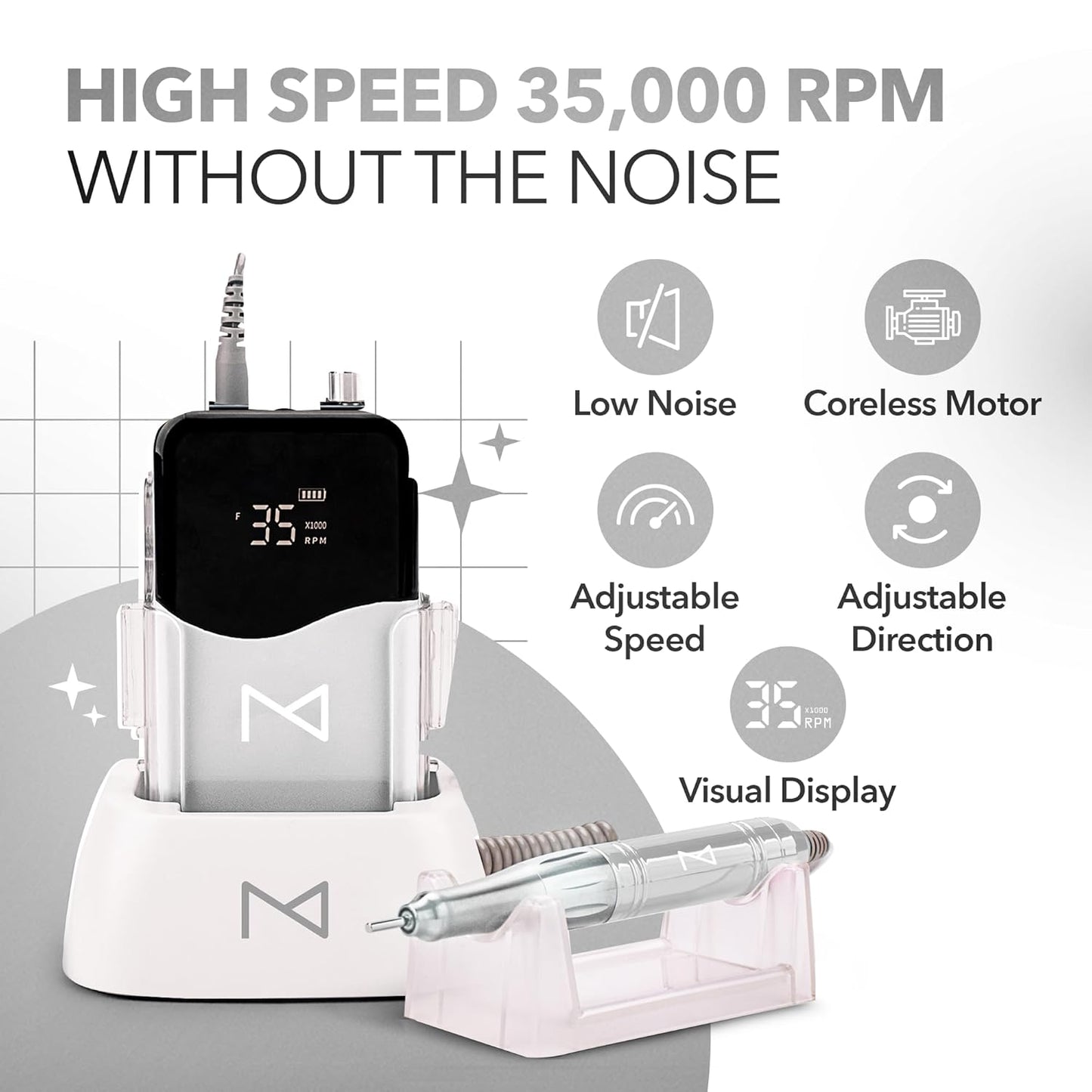 M Mase- Professional Nail Drill Machine - Coreless 2-in-1 Nail File - Electric, Cordless, 35000 RPM, HD Display - Electric Nail Drill for Professional & Home Use (White)