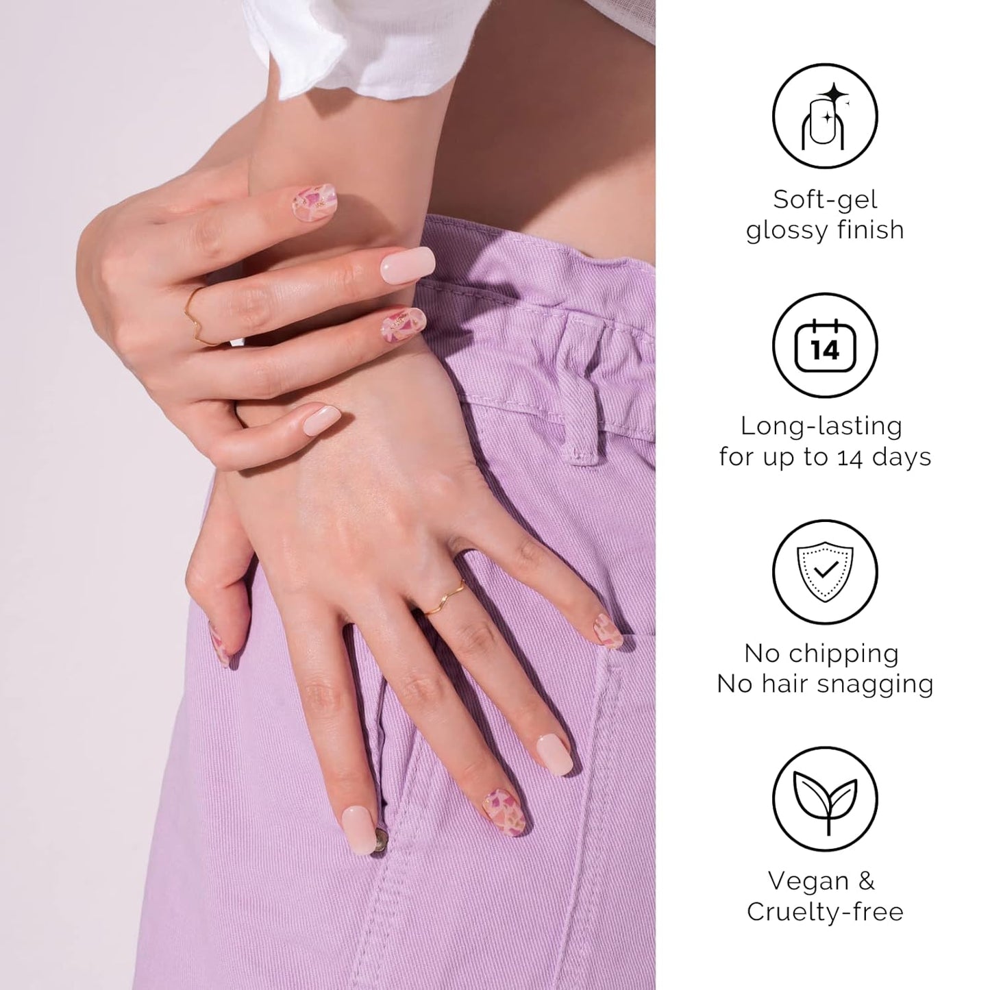 Nailog Semi Cured Gel Nail Strips 34 pcs | Long Lasting Nail Polish Sticker Wraps with Glossy Gel Finish | Morning Dew