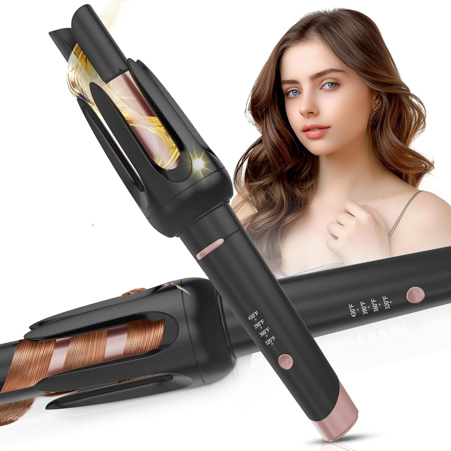 Auto Hair Curler, Automatic Curling Iron with 4 Temperature & 3 Timer, Automatic Shut-Off, Anti-Scald, Anti-Tangle Rotating Curling Wand for Hair Styling, Black