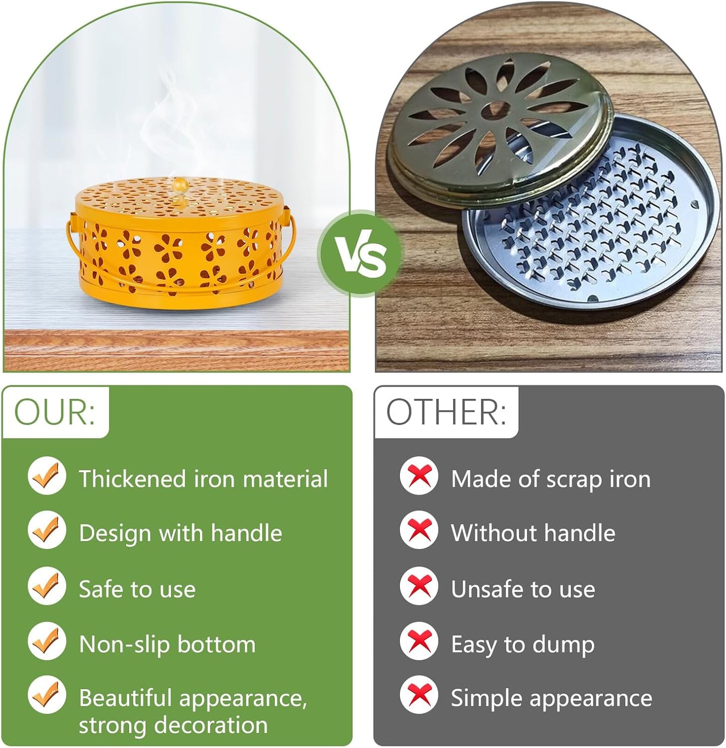 Portable Iron Mosquito Coil Holder with Handle Round Heat-Resistant Incense Holder (2 Pack Yellow)