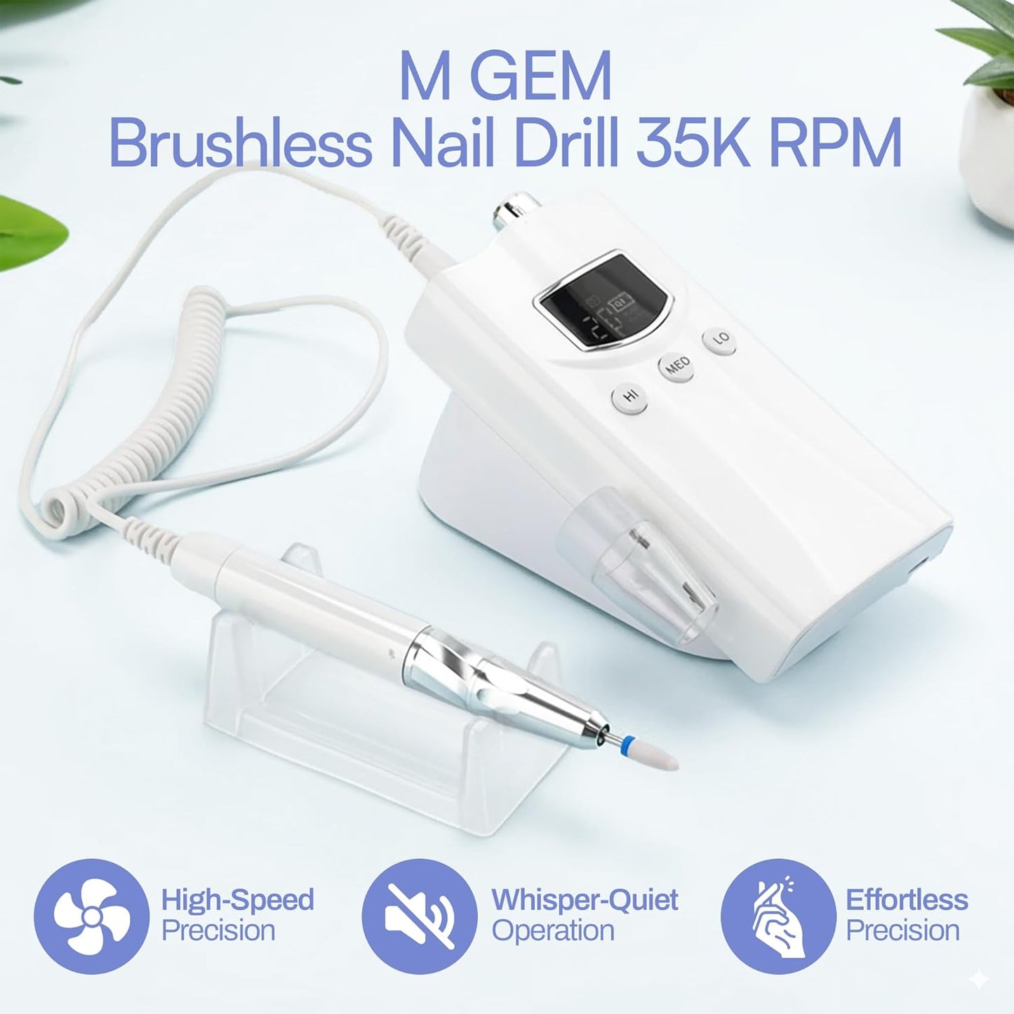 M GEM Brushless Nail Drill 35K RPM | Professional Cordless Efile Machine | Rechargeable Electric Nail File with Bits | Portable Quiet Low Vibration Tool for Acrylic, Gel, Natural Nails (White)