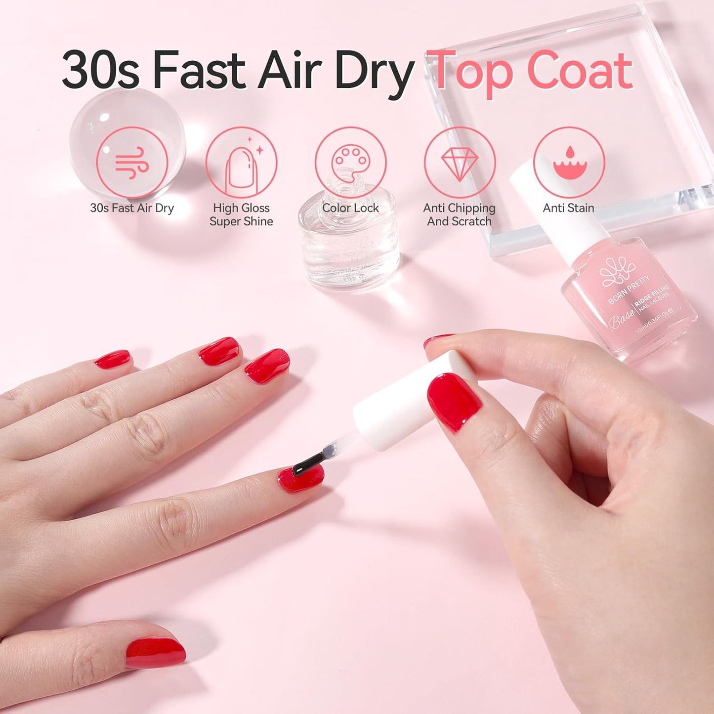 Born Pretty Clear Nail Polish Base and Top Coat Set 2 PCS High Shine Glossy Finish Quick-Dry No U V Needed Low Odor Natural Compatible with Nail Lacquer DIY Salon 0.34 fl oz Each