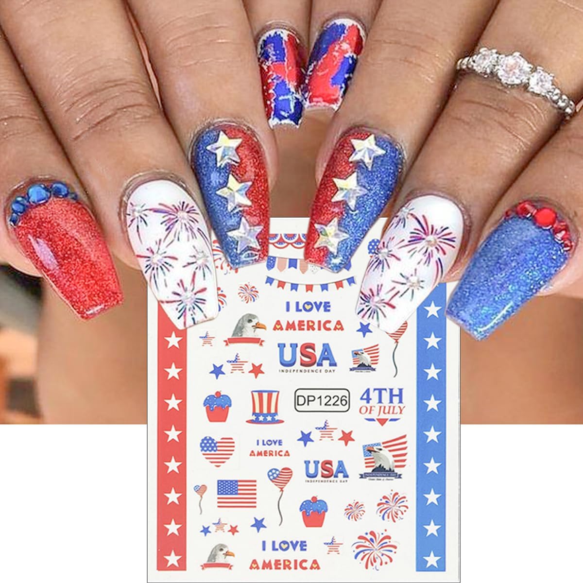 6Pcs Independence Day Nail Art Stickers Patriotic American Flag Heart Balloon Fireworks Nail Design 4th of July Nail Stickers 3D Self-Adhesive Star Nail Decals Decoration for Women DIY Nail Supplies
