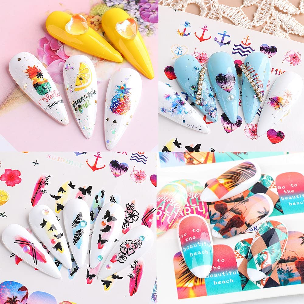 ROMODIYA Summer Nail Stickers & Decals, 12 Sheets, Multicolor Fruits & Flamingo Tropical Designs, Water Transfer Nail Decals for Women & Girls, DIY Nail Art Accessories