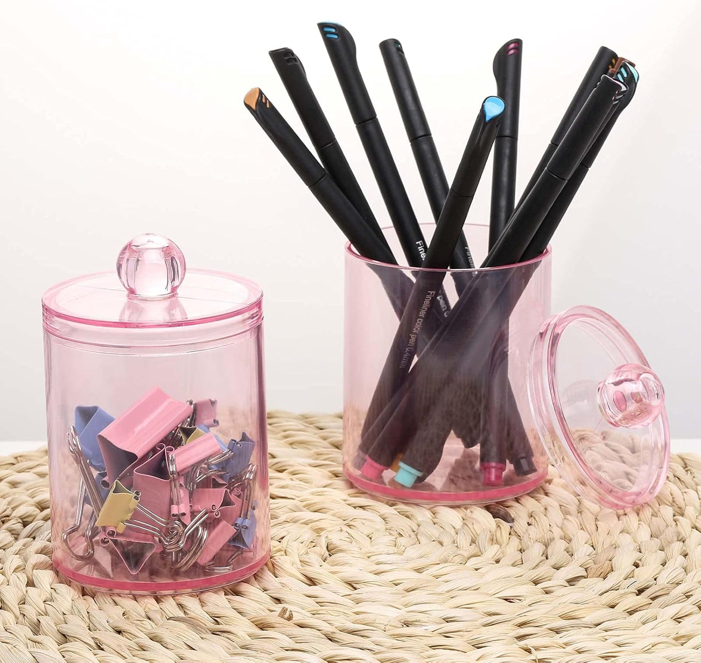 Tbestmax 6 Pack Qtip Holder, 10-Ounce Apothecary Jars with Lids for Cotton Ball Swab Pad Dispenser, Bathroom Canisters Organizer (Pink)