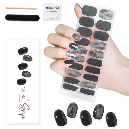 WOKOTO 1 Sheet Semi Cured Gel Nail Strips With Wood Stick, Nail File & Prepared Pads, 20 Tips Black Glitter Semi Cured Nail Polish Strips, Harden With UV Light Gel Nail Wraps Stickers For Women Girls
