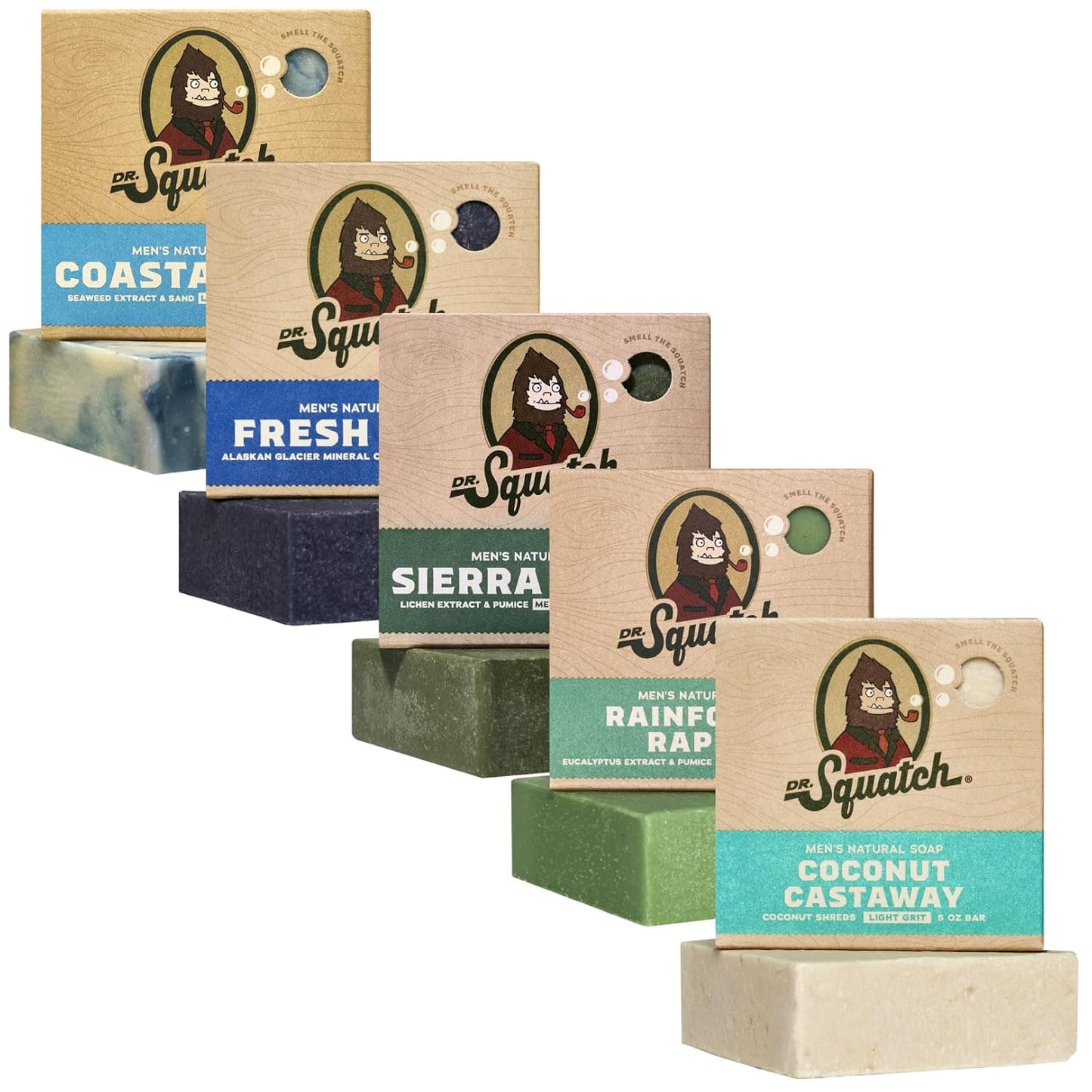 Dr. Squatch Natural Bar Soap for Men - Cold Process Soap with No Harsh Chemicals - Coconut Castaway, Rainforest Rapids, Sierra Storm, Fresh Falls, Coastal Mist (5 oz, 5-Pack)