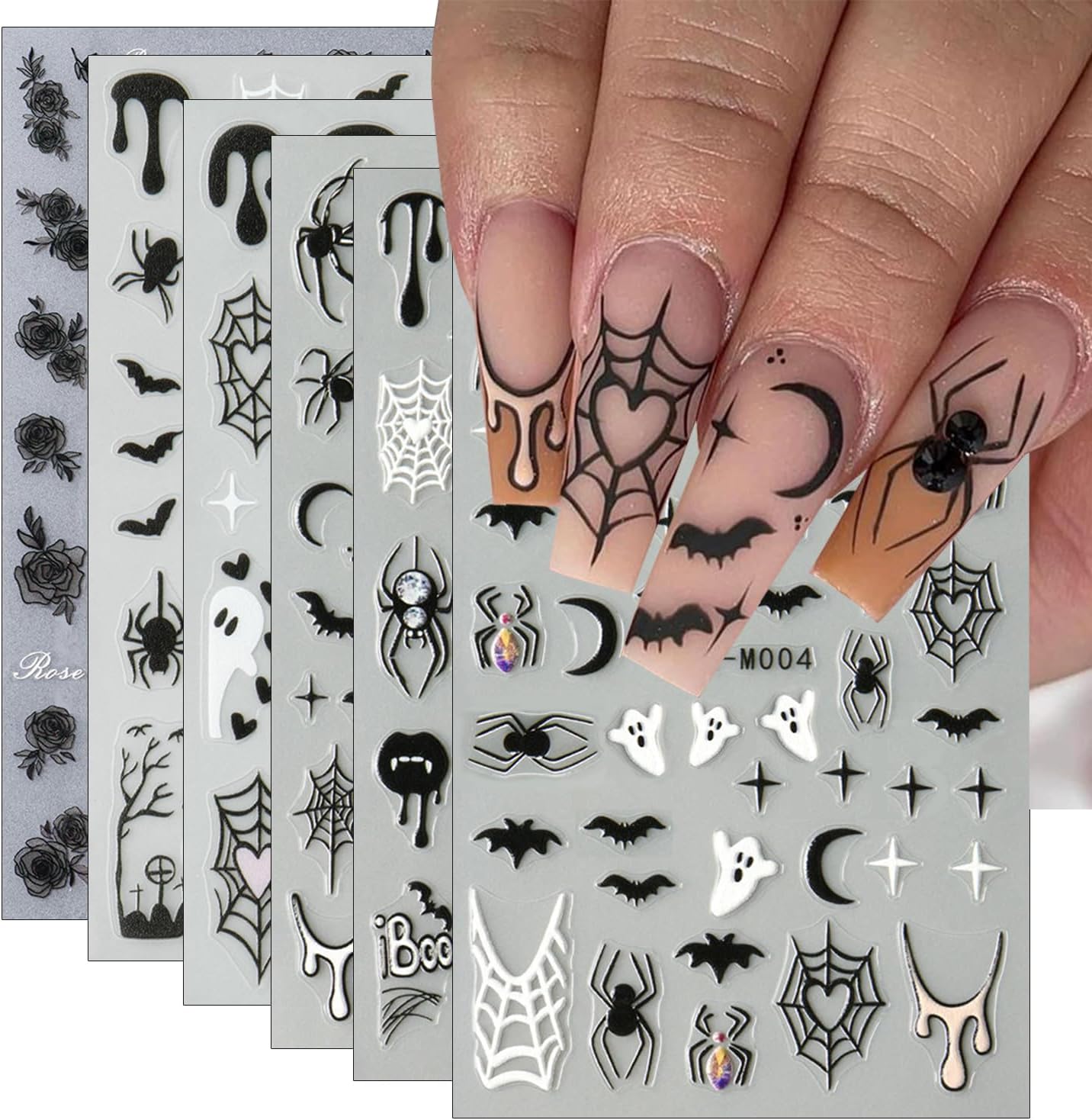 6Pcs Halloween Nail Stickers for Nail Art, Bat Spiders Nail Art Stickers Spider Web Black Rose Skull Ghost Nails Design Decals Halloween Nail Supplies for Women DIY Manicure Decoration Accessories