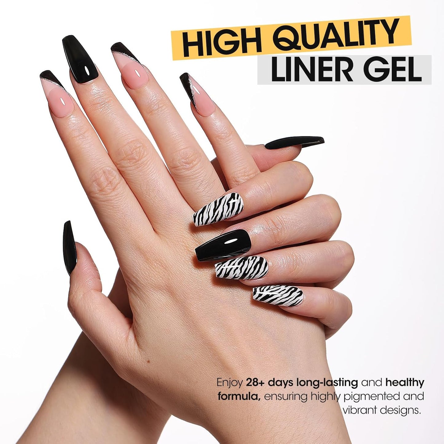 GELLEN 2 Pcs 10ml Black White Liner Gel Nail Polish, Classic Soak off Nail Lamp Nail Art Paint Gel with Thin Nail Art Brush for Euphoria Nail French Manicure