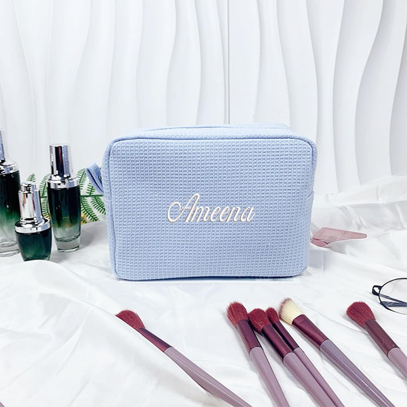 GOPHIE Personalized Embroidered Makeup Bag,Custom Waffle Fabric Cosmetic Pouch for Women, Travel Makeup Pouch (3, Sky Blue)