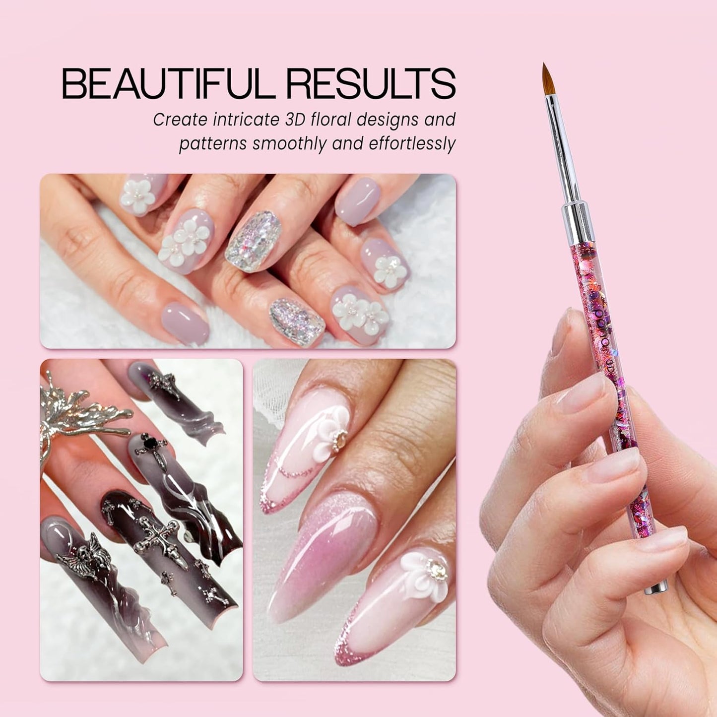 PANA 3D Kolinsky Nail Art Brush - Pink Glitter Handle, Size 5 - Acrylic Nail Art Sculpture Brush for Manicures Pedicure Salon Professional or Beginner