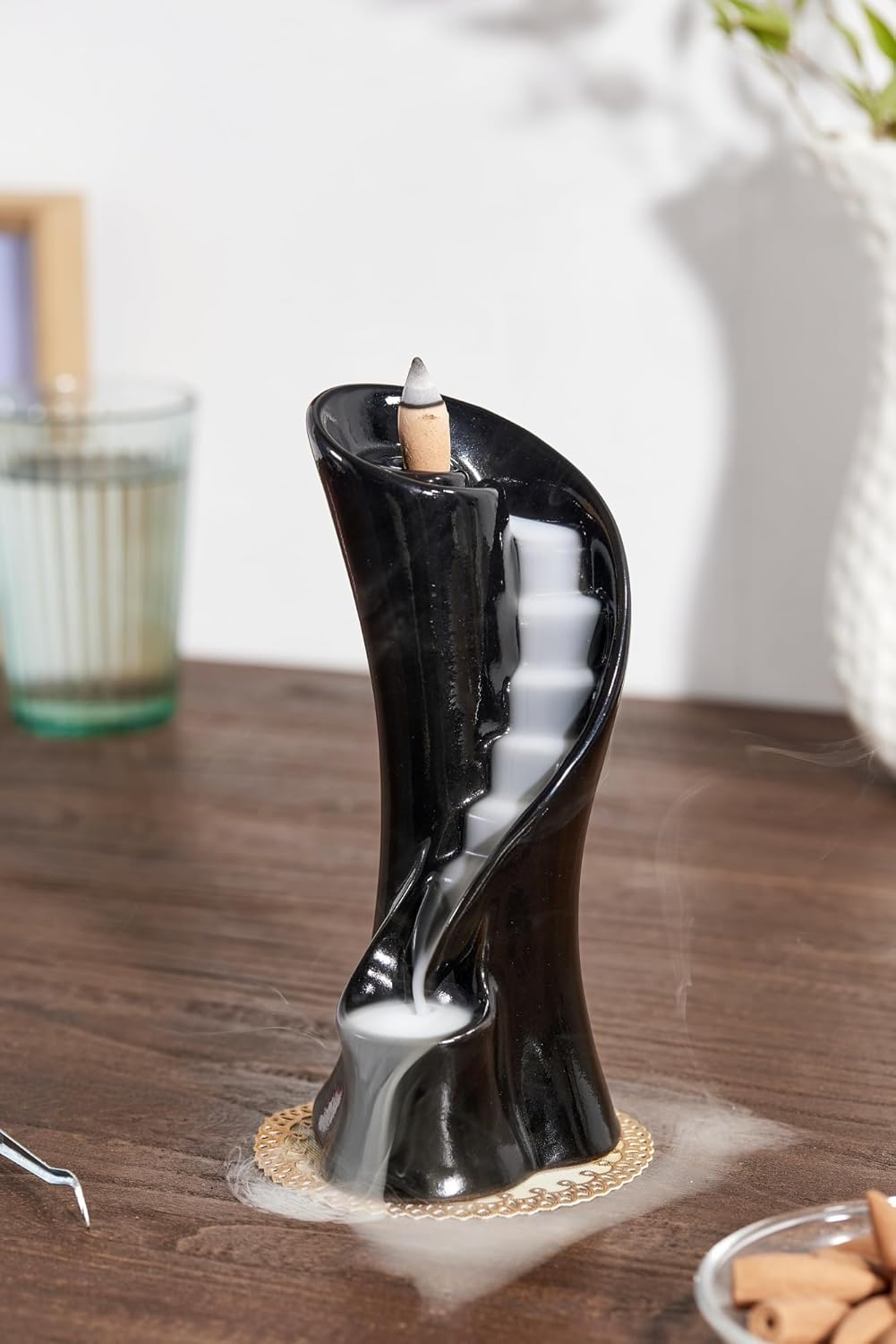 Unique Cloud Stairs Ceramic Waterfall Incense Holder, Paired with a Pack of Backflow Incense Cones. (Black)