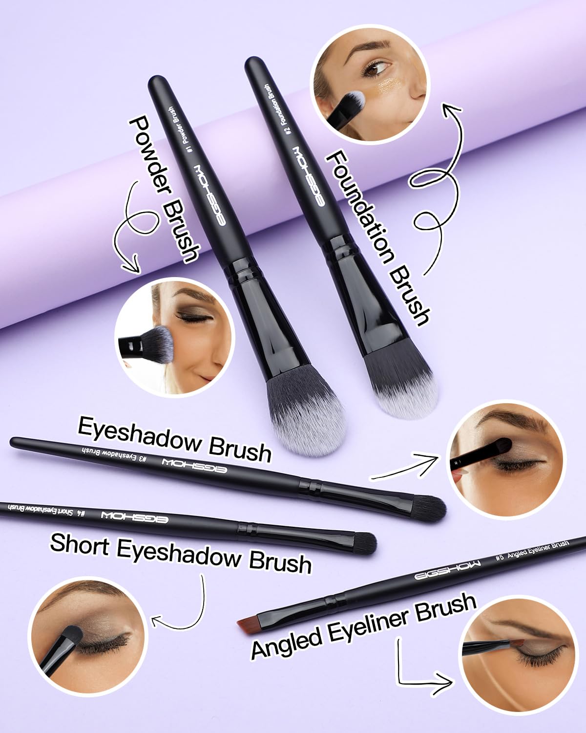 EIGSHOW 5Pcs Everyday Makeup Brush Set for Foundation Powder Eyeshadow Eyeliner, Vegan & Cruelty-Free, Travel Basic Make Up Brushes Kit for Women - Black