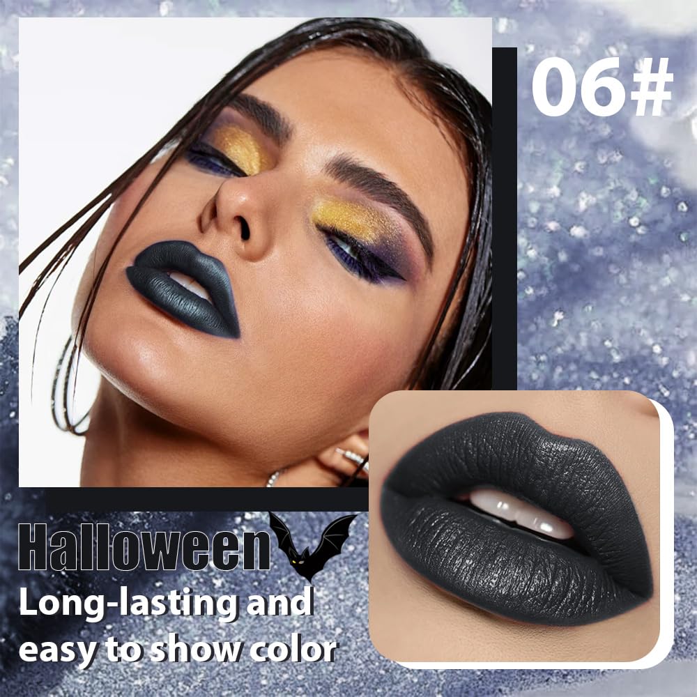 Gray Black Metallic Lipstick for Women,Glitter Sparkling Liquid Lipstick,Long Lasting Waterproof Lightweight Comfortable Non-Drying Bold Dark Lip Gloss for Gothic Stage Makeup,Vegan