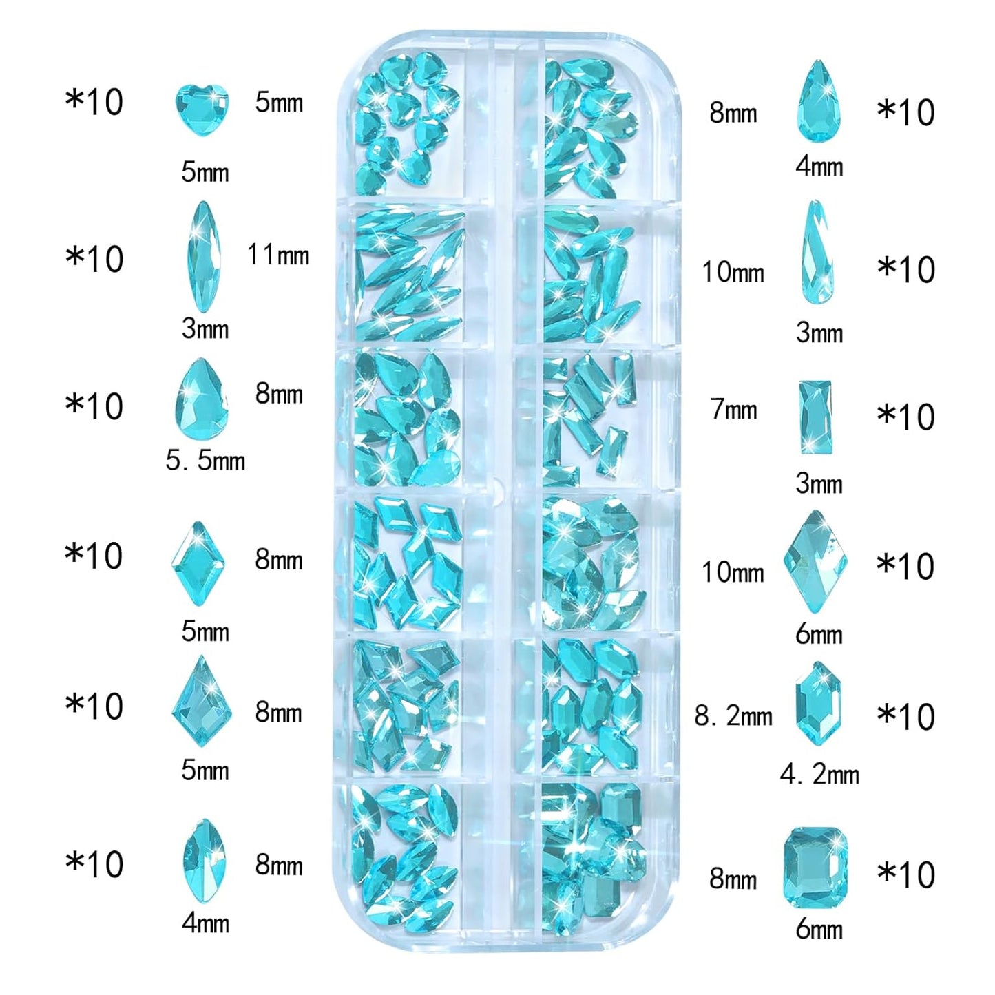 HNUIX Nail Rhinestones - 3D Multi Shape Size Crystal, Aquamarine Nail Gems, Flat Back, with Kit, for Nail Art, DIY Decorations