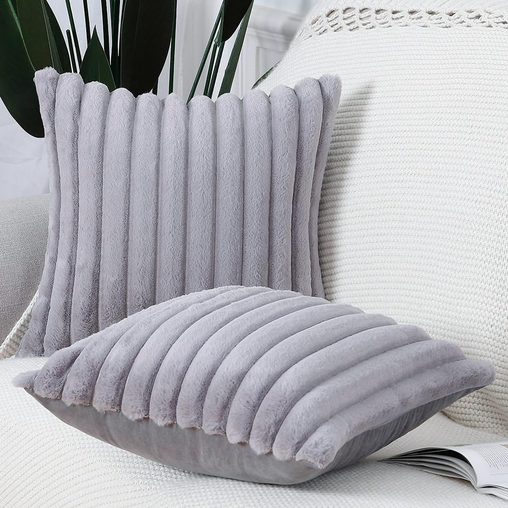MADIZZ Set of 2 Faux Wool Plush Decorative Throw Pillow Covers 24x24 Inch Grey Fluffy Striped Soft Decorative Cushion Cover for Sofa Bedroom Pillow Shell