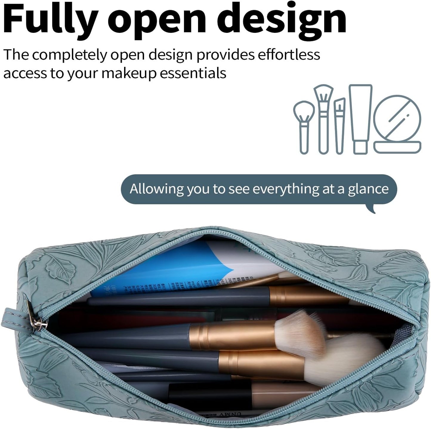 2pcs Set PU Leather Cosmetic Bag for Women - Floral Makeup Bag Portable Storage Purse for Makeup (Z-Blue-2 Case)