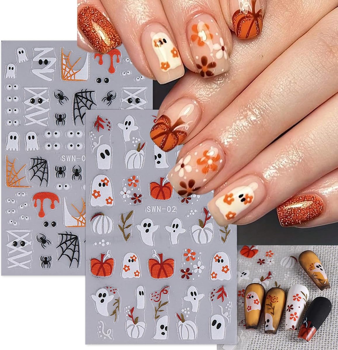 8 Sheets Halloween Nail Art Stickers Horror Ghost Spider Scorpion Nail Design Stickers Decals 3D Self Adhesive Pumpkin Spider Web Gothic Nail Decals for Women DIY Halloween Nail Decoration Supply