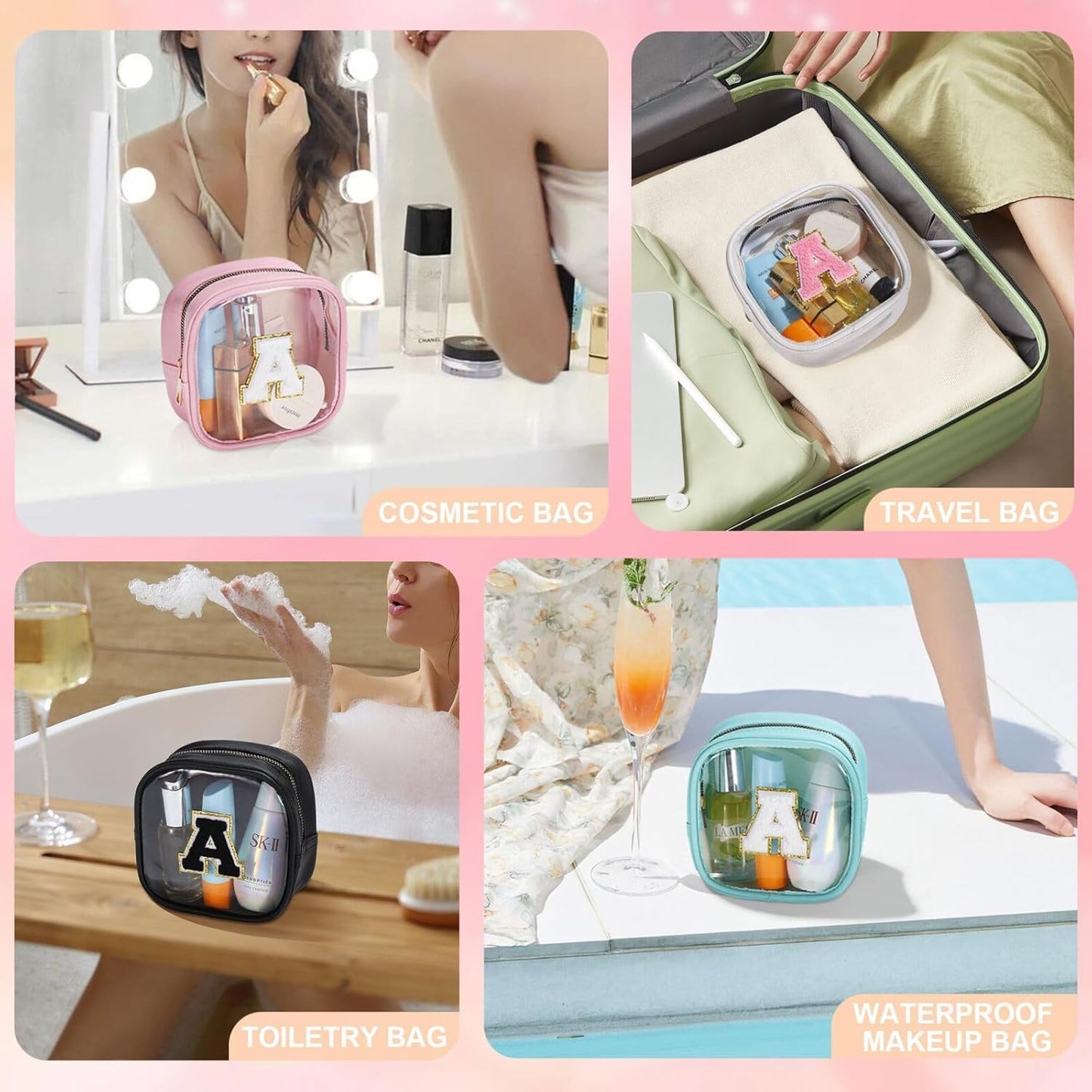 YOOLIFE Initial Make Up Bag Travel Toiletry Bag, Clear Makeup Bag Preppy Cosmetic Bags Organizer Travel Essentials Gifts for Women Teen Girlfriend Teacher Mom Birthday Mothers Day Gifts White R