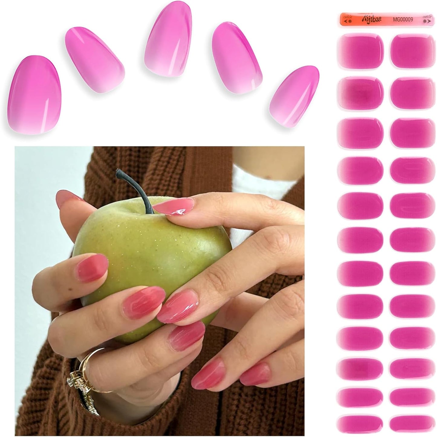 Semi Cured Gel Nail Strips - Minimalist Ombre Nail Polish Wraps, Works with Any UV Lamp - Long Lasting Easy Salon Manicure - 24pcs with 2 Prep Pads, Nail File & Cuticle Stick (Grape Soda)