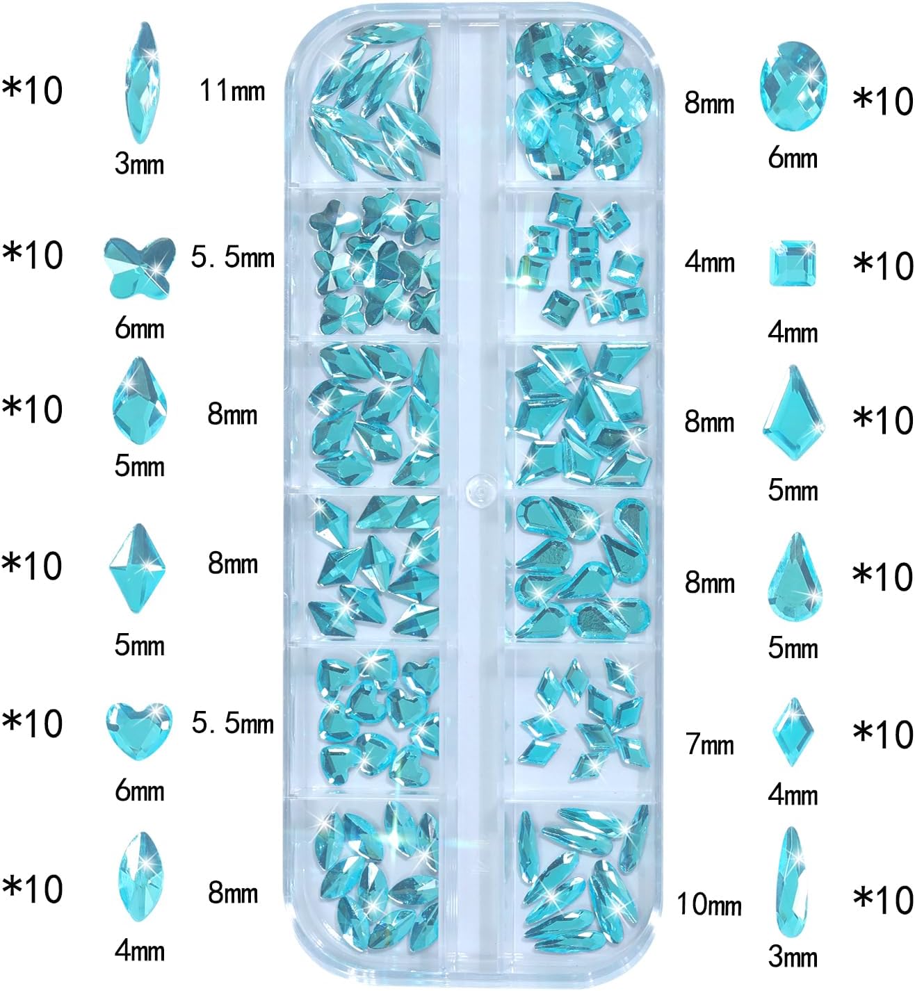Nail Rhinestones - 3D Multi Shape Size, Flat Back, Manicure Rhinestones Charms, Crystal Lake Blue Gems, with Kit, for Nail Art, Bedazzling Acrylic Nails, DIY Decor