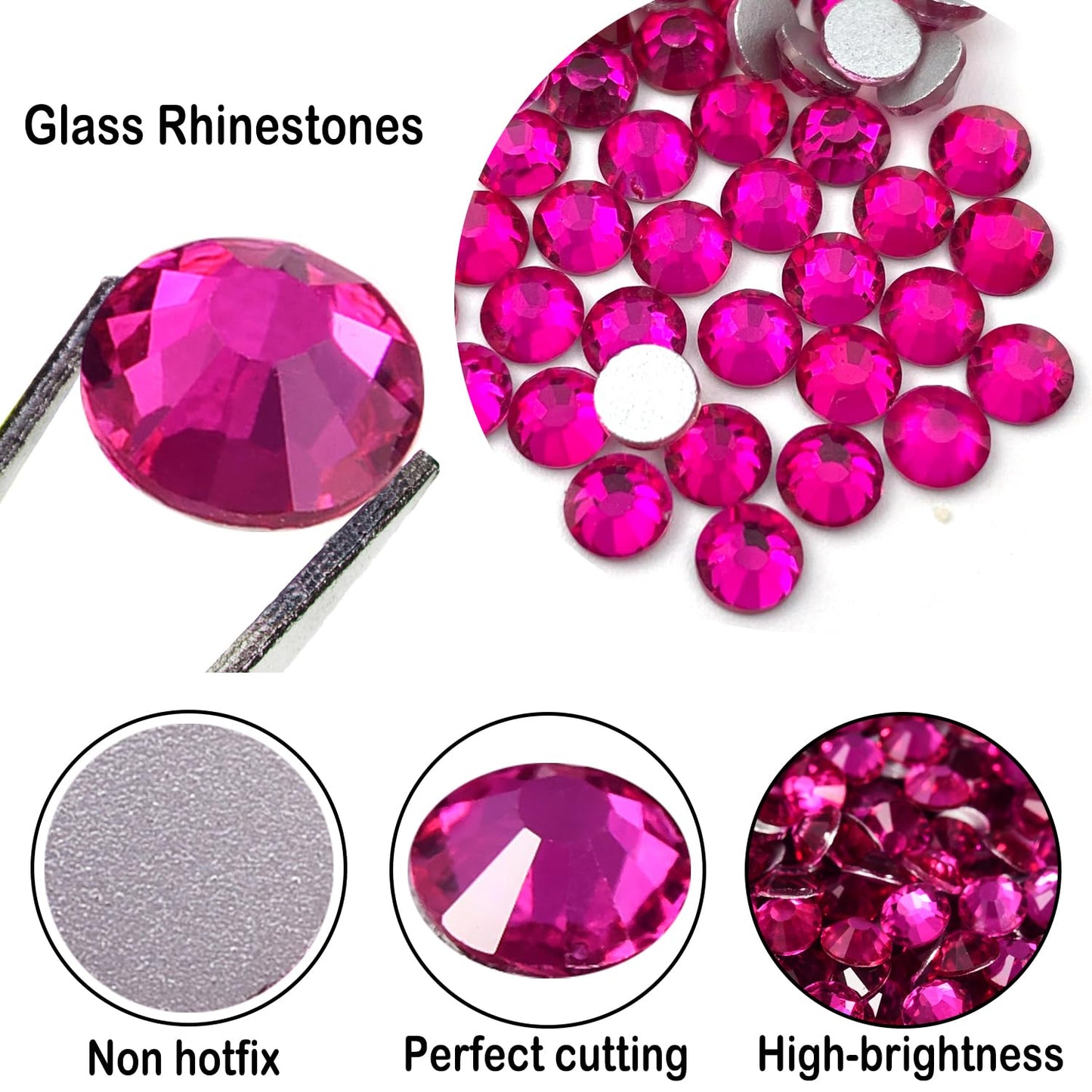 Flatback Glass Rhinestones,Bedazzler Gems 1440pcs Non Hotfix Crystal Rhinestones for Nail Charms Crafts Clothes Tumblers,Hot Pink,SS20