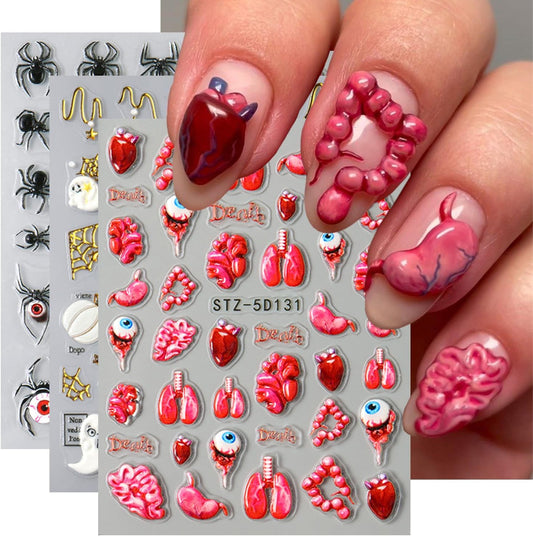 3 Sheets Halloween Nail Stickers 5D Embossed Goth Nail Art Stickers Bloody Drop Heart Ghost Spider Web Designs Nail Art Supplies Cute Gold Ghost Nail Decals for Women Girls Holiday Acrylic Nails DIY