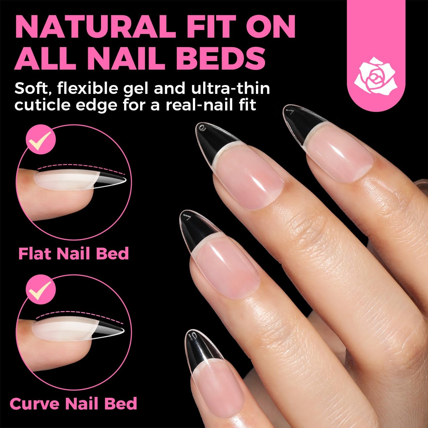 UNA GELLA Almond Gel Nail Tips, 504PCS Pre Etched Clear Fake Nails Tips Medium Almond Shape - 12 Sizes Full Cover Soft Acrylic Press On Nail Extensions No C Curve Gift for Diy at Home