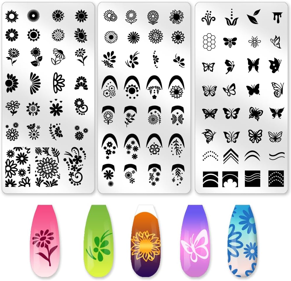 3Pcs Butterfly Nail Stamping Templates Flowers French Line Tip Art Stamp Image Plate Stainless Steel DIY Reusable Tools for Manicure Printing