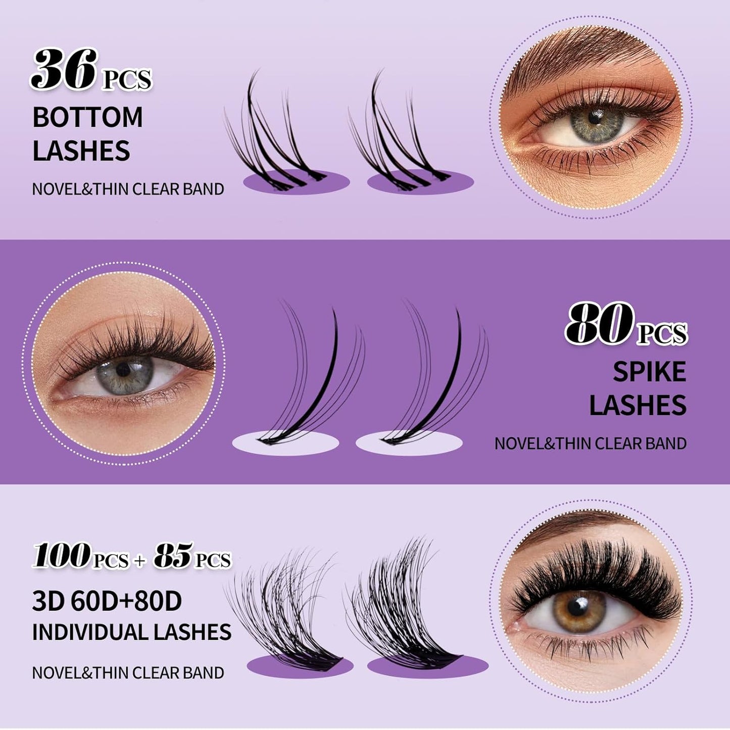 Lash Clusters Kit With Bottom Lashes 3D Curl 60/80/100/200D DIY Lash Extension Kit 12-18mm Multi-types Individual Lashes Bond and Seal, Spike, Volume Lashes Kit Lash Applicator(60/80 3DKit)