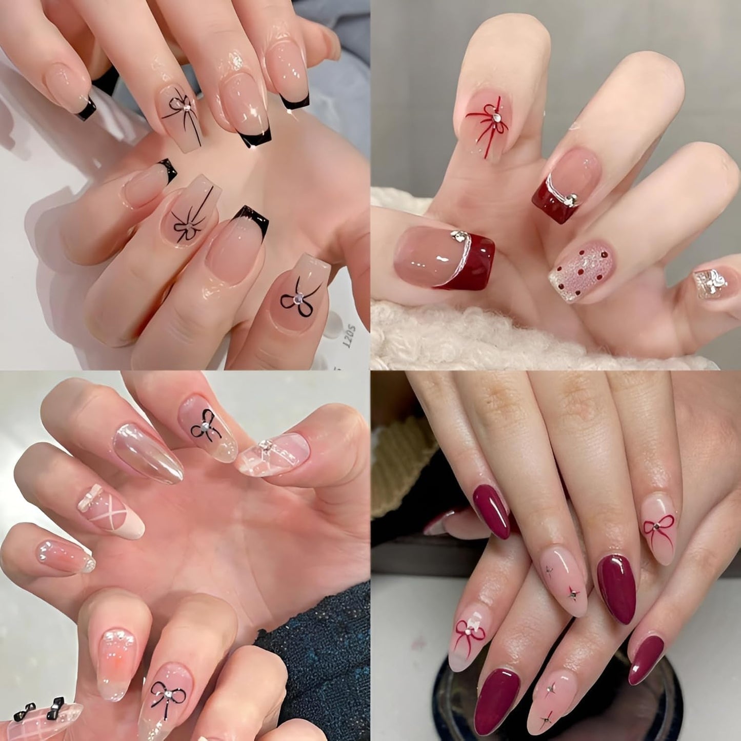 4 Sheets Bow Nail Stickers, 5D Embossed White Black Red, DIY Acrylic Nails, Bow Nail Supplies for Women