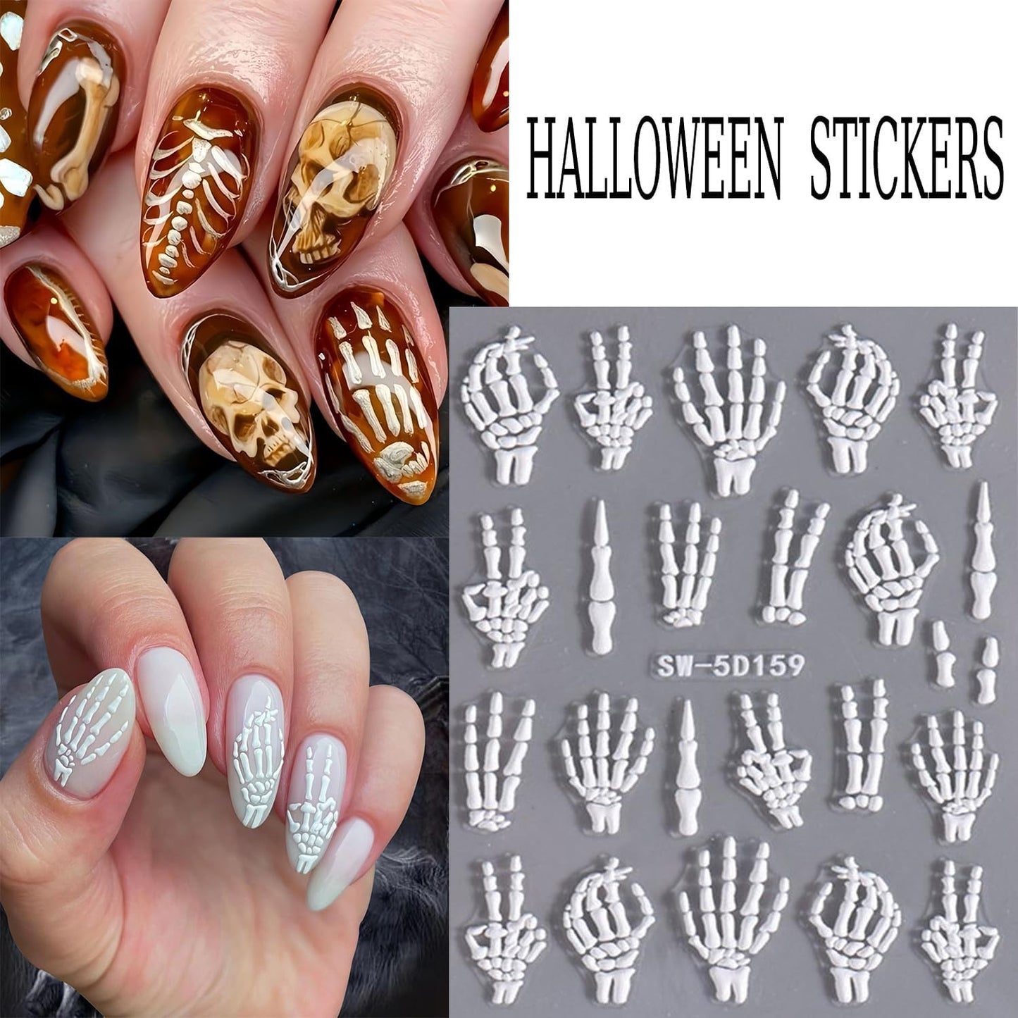Halloween Nail Art Stickers 5D Relief Skeleton Hand Rose Flowers Nail Decals Self -Adhesive Gold Rose Gold White Nail Decals Holographic Halloween Nail Decoration for Women Manicure Supplies