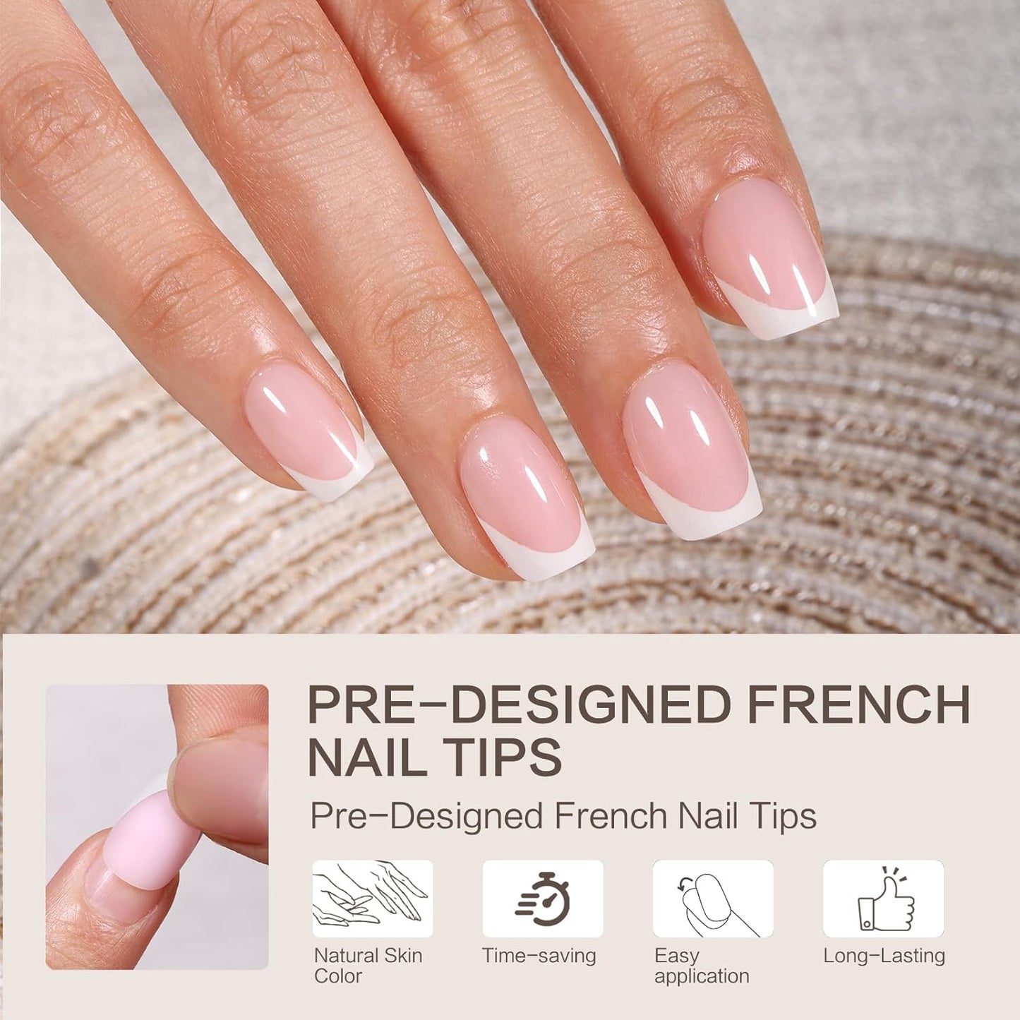 French Tip Press on Nails, 160PCS Gel Nail Tips with 5 Strips, 16 Sizes Pre-applied Primer Classic French Fake Nails, No Need to File, S Square Pink, DIY Nails Art Design Gifts for Women