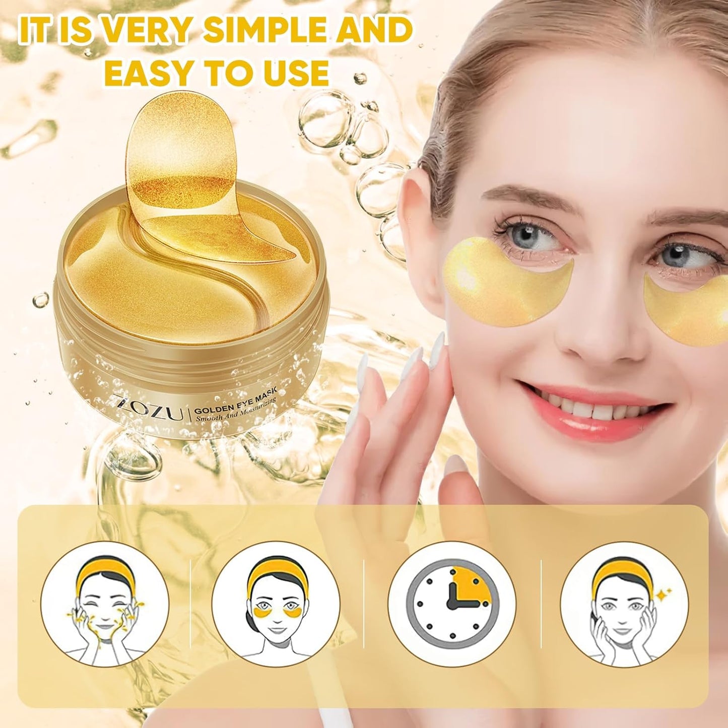 Gold Under Eye Patches, 60 Pcs 24K Gold Under Eye Masks for Dark Circles, Under Eye Patches for Puffy Eyes, Reduce Wrinkles, Under Eye Bags, Moisturizing Improves Elasticity