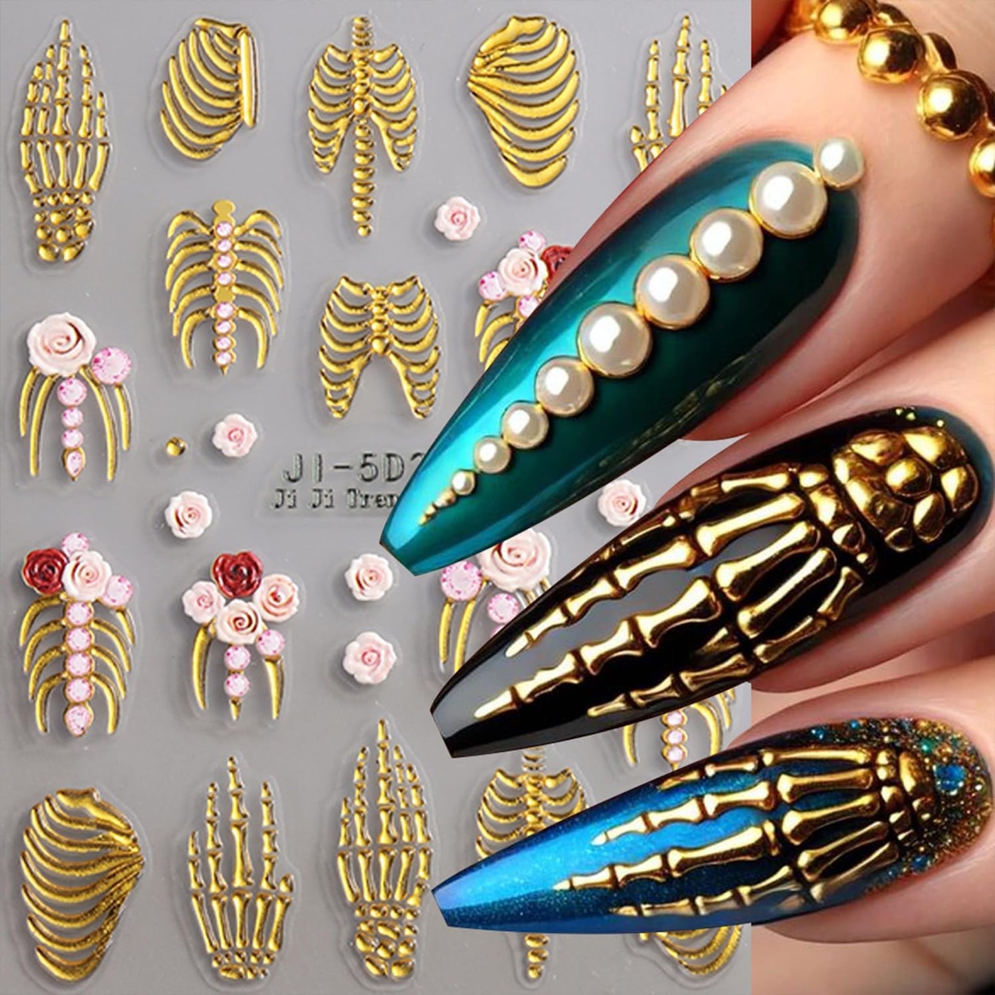 Halloween Nail Art Stickers Decals 5D Embossed Skull Nails Stickers Rose Gold White Skeleton Nail Decal Self-Adhesive Flower Nails Art Decal for Women Halloween Decor