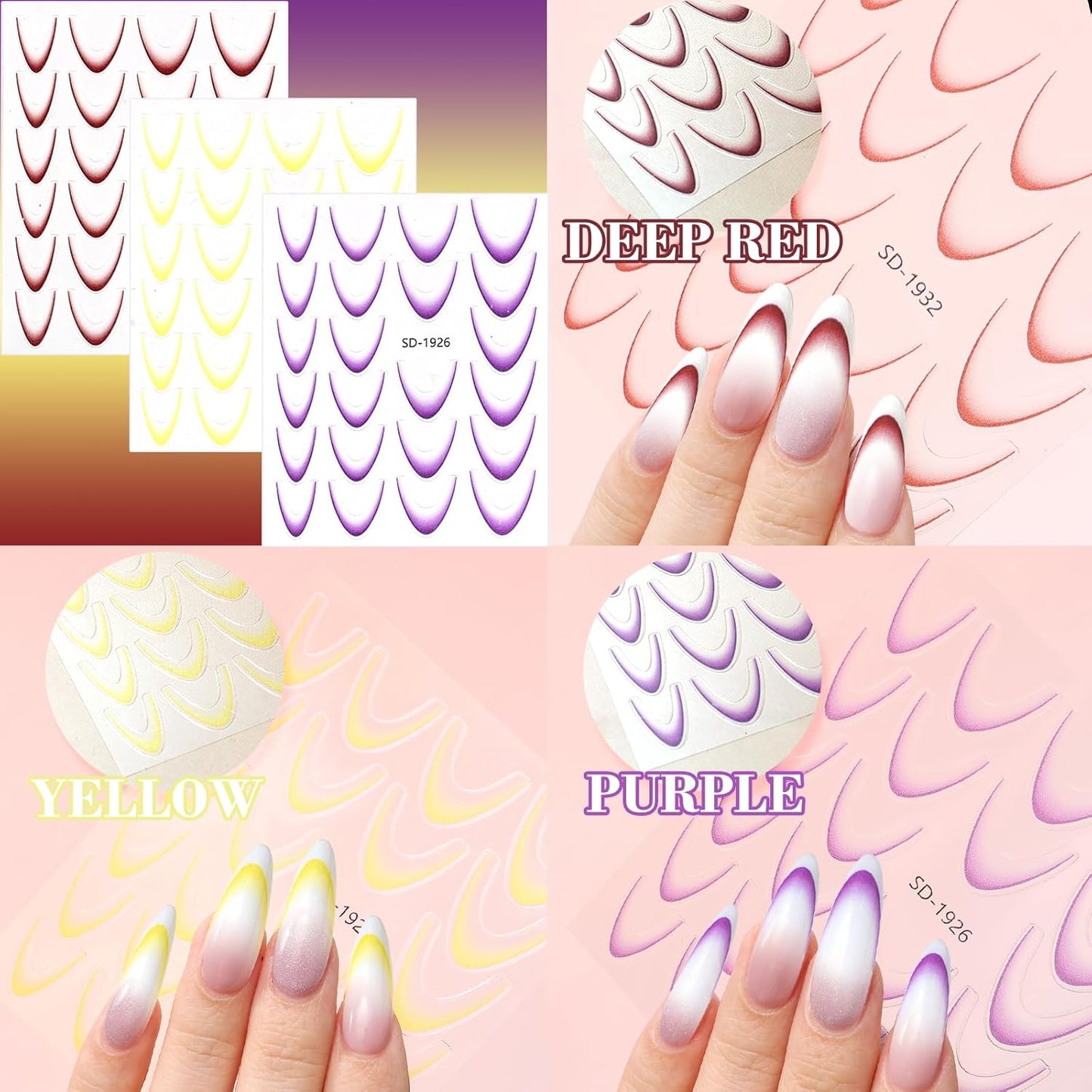 12 Sheets Colorful French Tip Nail Stickers, Gradient French Line Nail Art Stickers with Tweezer, French Tip Nail Decals 3D Self-Adhesive Nail Tips Guides for Women Manicure Decoration