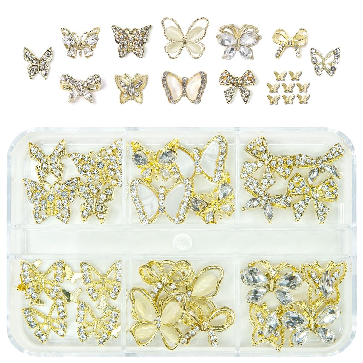 32 Pcs Butterfly Charms Gold Butterflies for Nails - Bow Crystals Diamonds Rhinestones 3D Alloy Luxury Gems - Cute Art Supplies for Acrylic Decoration Crafts DIY