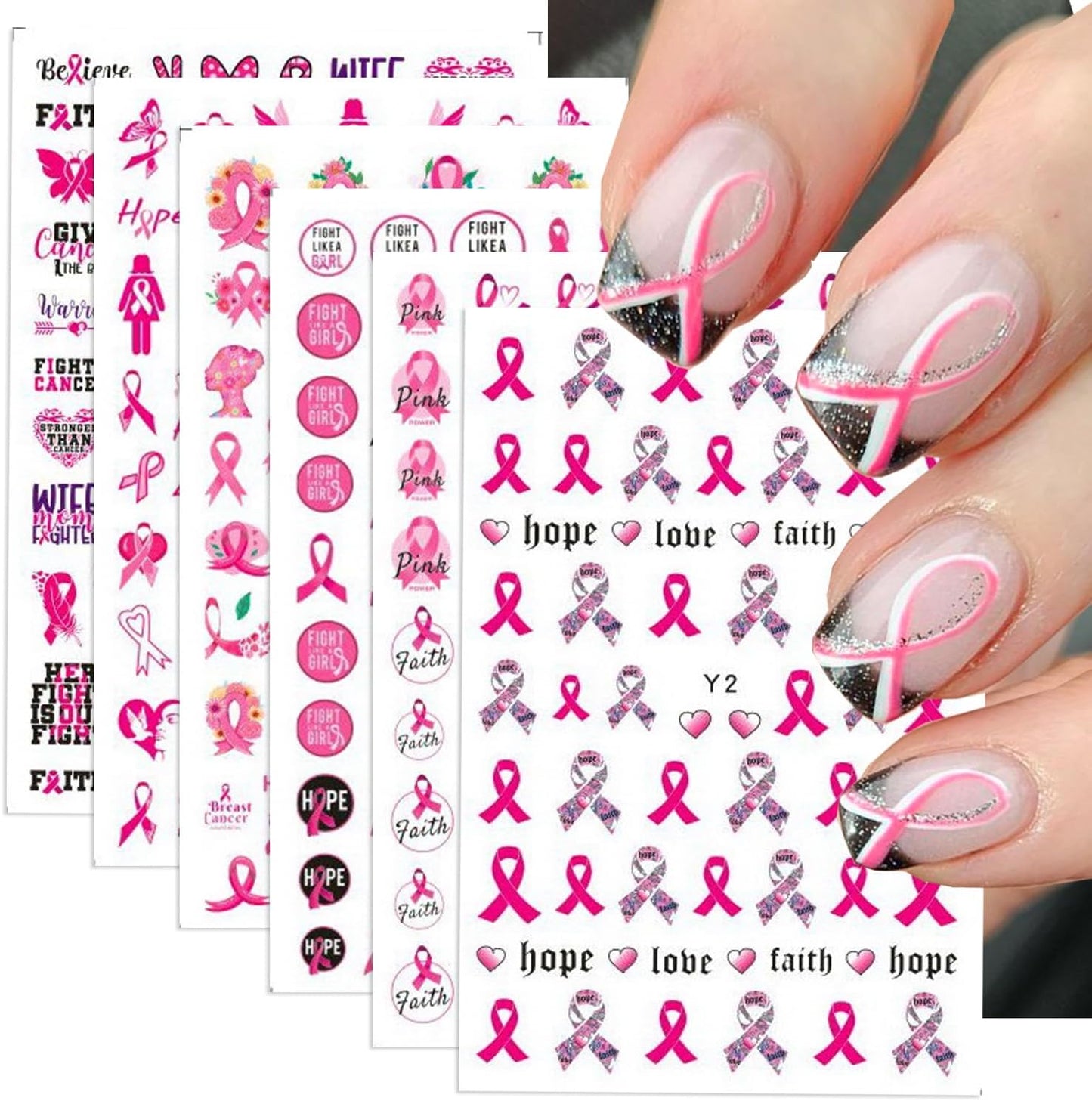 Breast Cancer Nail Stickers Pink Ribbon Nail Decals 3D Self-Adhesive Nail Art Stickers Heart Flower Letter Love Design Concern Female Awareness Manicure Supplies for Women 6 Sheets