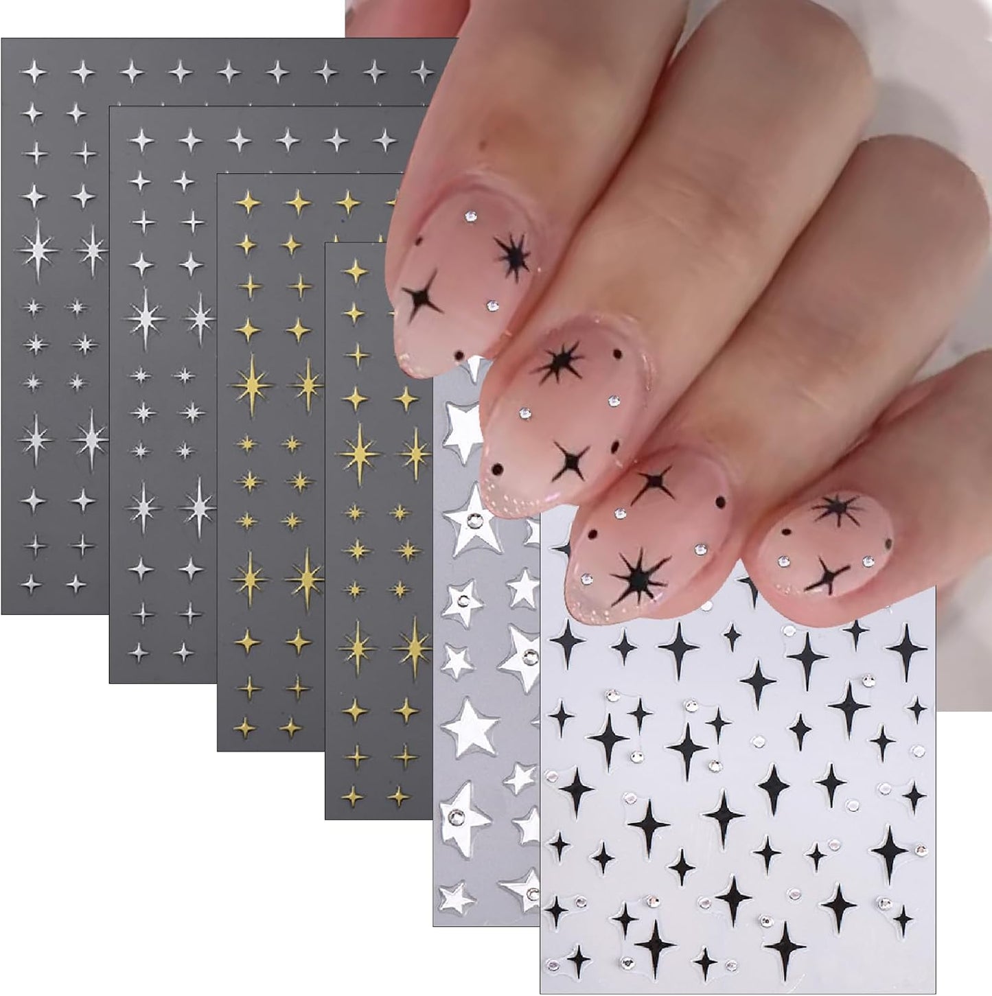 6 Sheets Star Nail Stickers with Rhinestones White Five-Pointed Star Gold Silver Black Starburst Design for Women Girls Nail Art Decoration