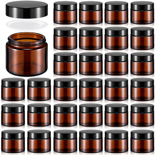 Domensi 32 Pcs 2 oz Glass Jars with Lids Travel Size Round Leakproof Empty Cosmetic Jars with Inner Liners Lid for Storing Makeup Lotions Face Cream Ointments Candle DIY Making (Amber)