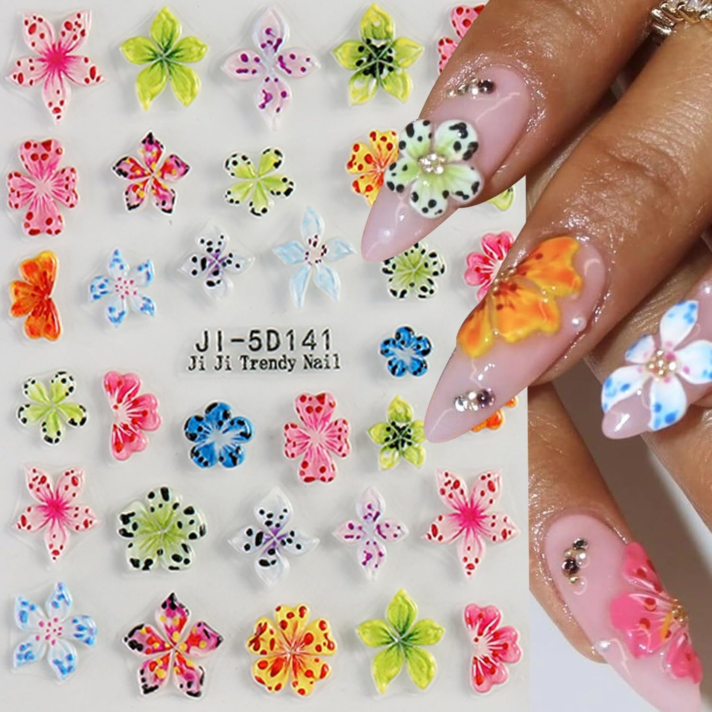 Colorful Flower Nails Art Stickers 5D Self-Adhesive Embossed Nails Stickers Hibiscus Flower Design Tropical Floral Nails Decal Supplies Women DIY Nail Art Decoration 3 Sheets