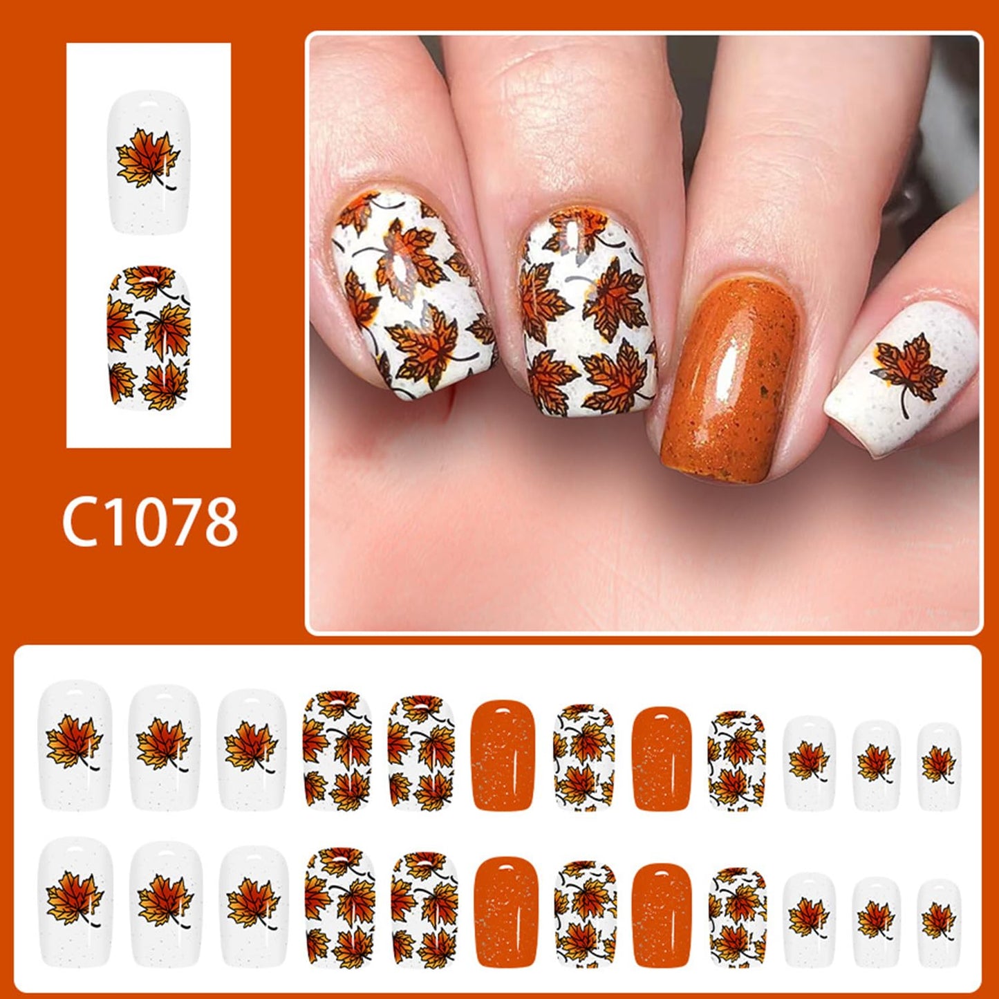 Fall Maple Leaves Press on Nails Medium Square Thanksgiving Fake Nails Glossy Maple Leaf Glue on Nail Autumn Acrylic Stick on Nail for Women DIY Manicure
