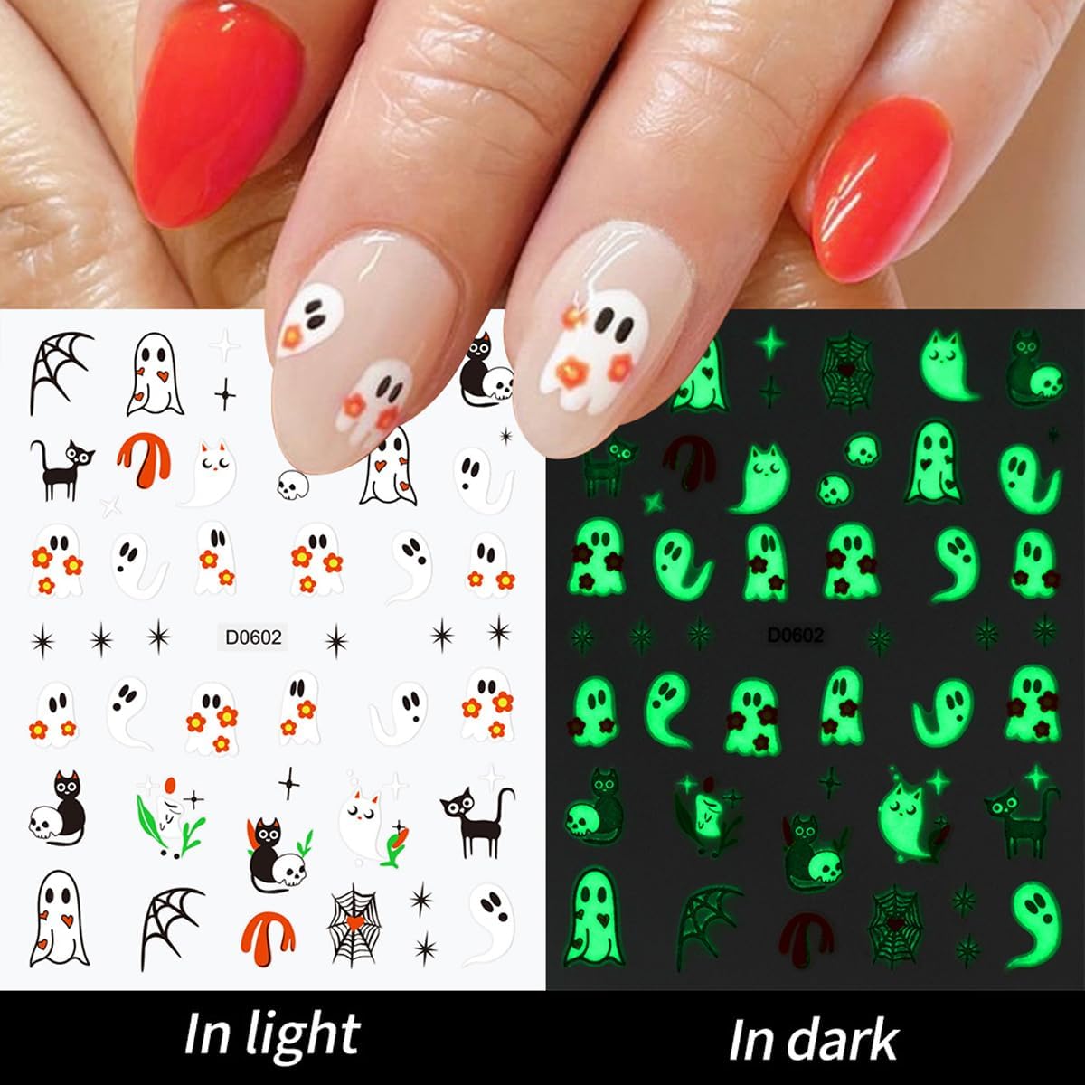 12 Sheets Halloween Nail Art Stickers Glow in The Dark Pumpkin Nail Decals Fluorescent Ghost Nail Stickers Self Adhesive Skull Nail Art Supplies for Women Girls DIY Manicure Nail Art Decorations