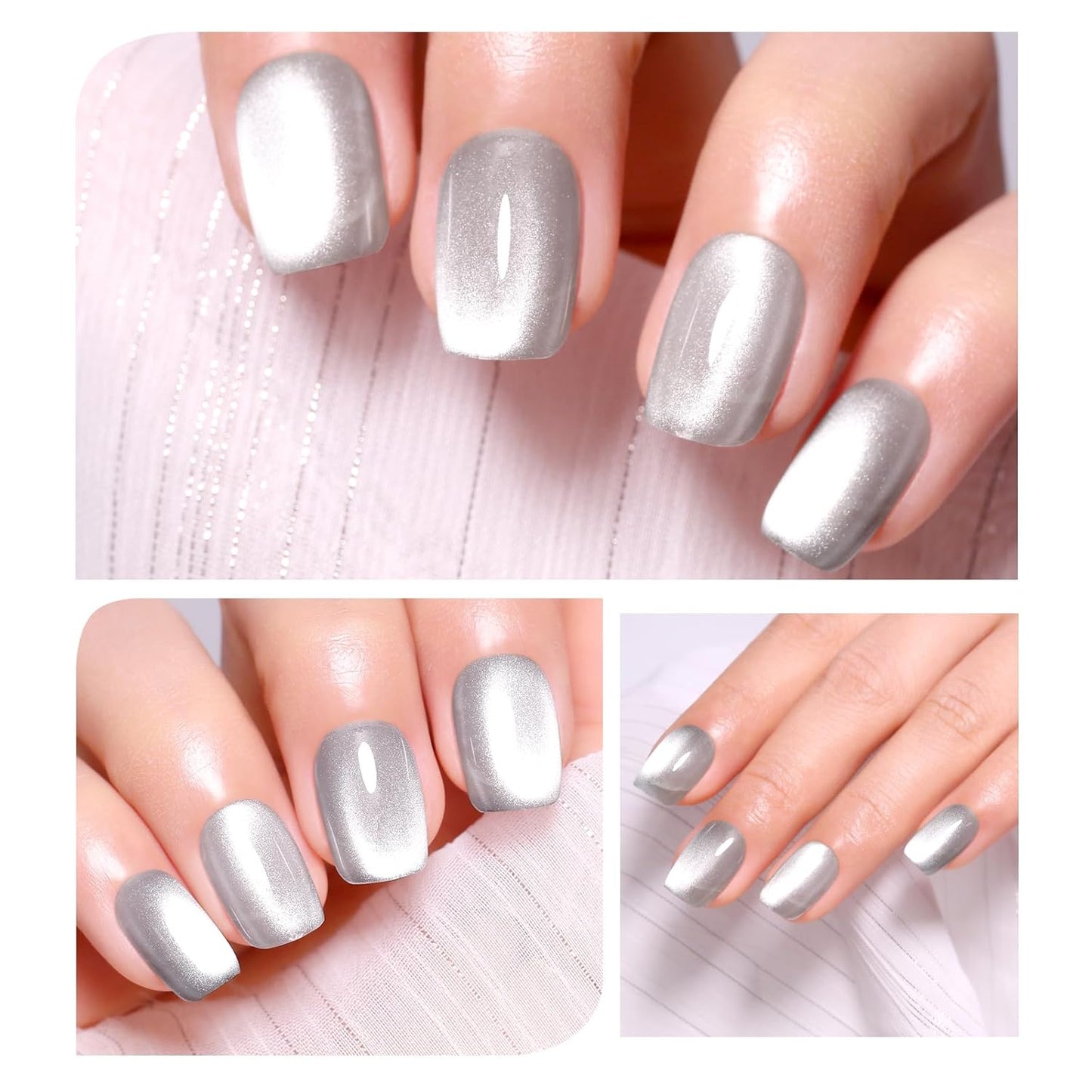 Imtiti Moonlight Cat Eye Gel Nail Polish, 15ml Nude Silver Holographic Crystal Diamond Cat Eyes Glitter UV Soak Off Gel Polish with Magnetic Stick for Summer 1Pcs